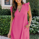 Lace Dresses With Pocket Summer Sleeveless Jacquard Cutout V-Neck Beach Dress