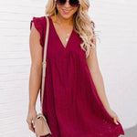 Lace Dresses With Pocket Summer Sleeveless Jacquard Cutout V-Neck Beach Dress