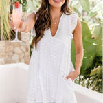 Lace Dresses With Pocket Summer Sleeveless Jacquard Cutout V-Neck Beach Dress