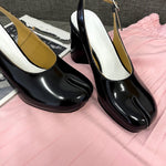 Hollow Chunky Heel Leather High Heel Split Toe Women's Sandals