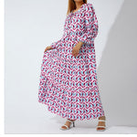 Summer Women's Vintage Printed Bohemian Dress Elegant Ladies Casual Loose V-Neck Short Sleeve Long Dresses