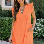 Lace Dresses With Pocket Summer Sleeveless Jacquard Cutout V-Neck Beach Dress